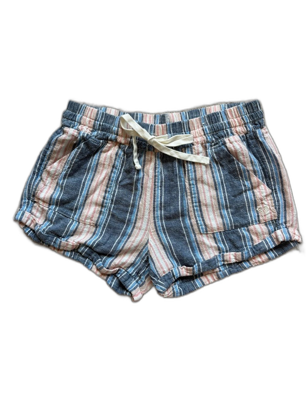NWOT Roxy Striped Linen Blend Shorts Womens Large Blue Pink Beach Summer Lounge